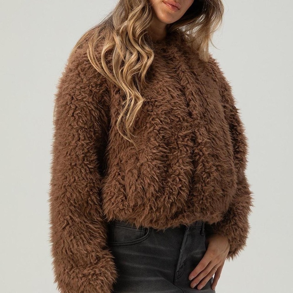 RSQ Brown Cropped Hooded Faux Fur Teddy Jacket size L